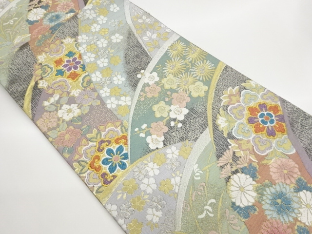 JAPANESE KIMONO / FUKURO OBI / WOVEN FLORAL CREST & FLOWERS